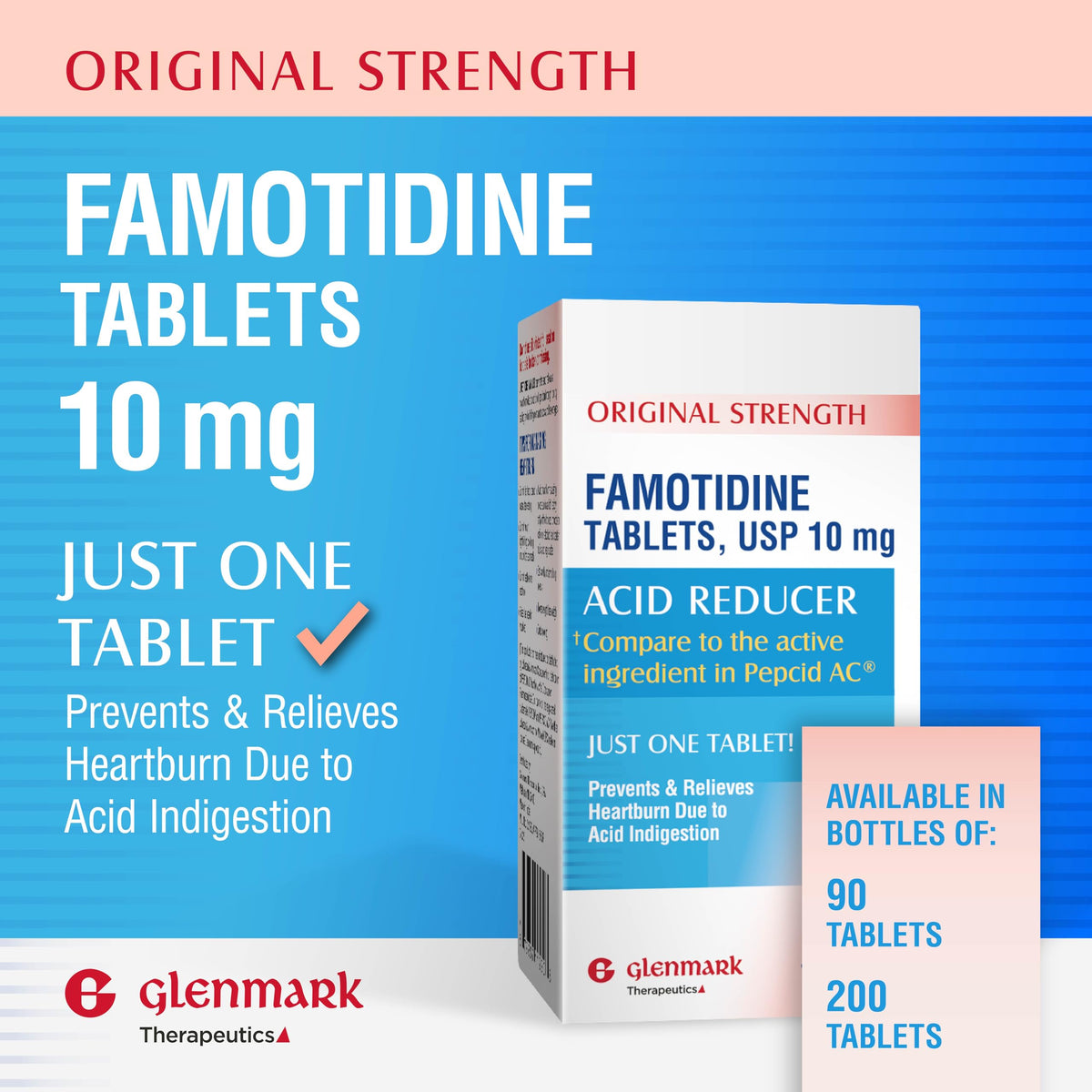Close up of Glenmark famotidine supplement facts and usage details