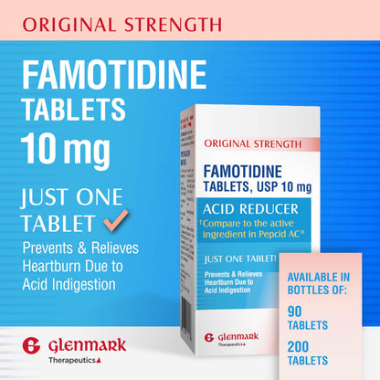 Close up of Glenmark famotidine supplement facts and usage details