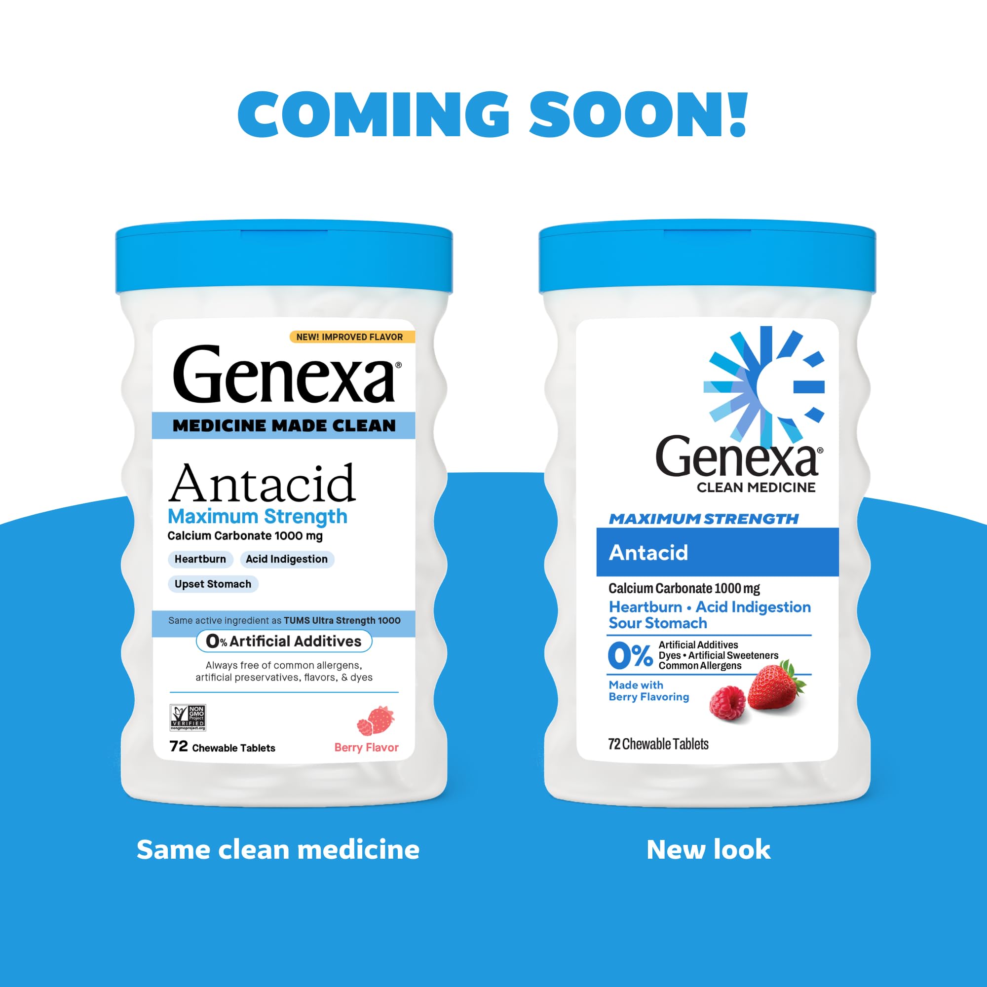 Genexa antacid supplement bottle with organic berry flavor label