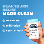 Close up of Genexa antacid chewable tablets 72 count packaging