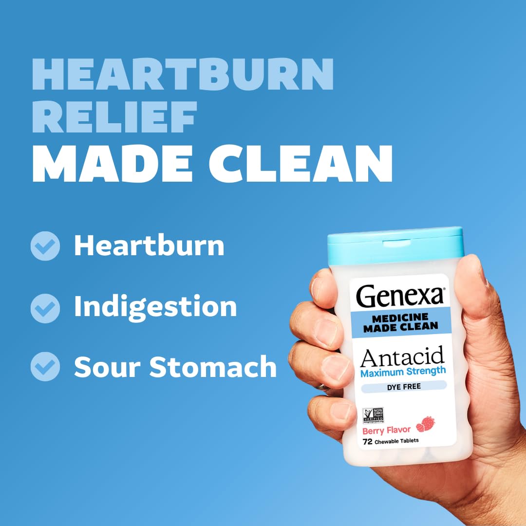 Close up of Genexa antacid chewable tablets 72 count packaging