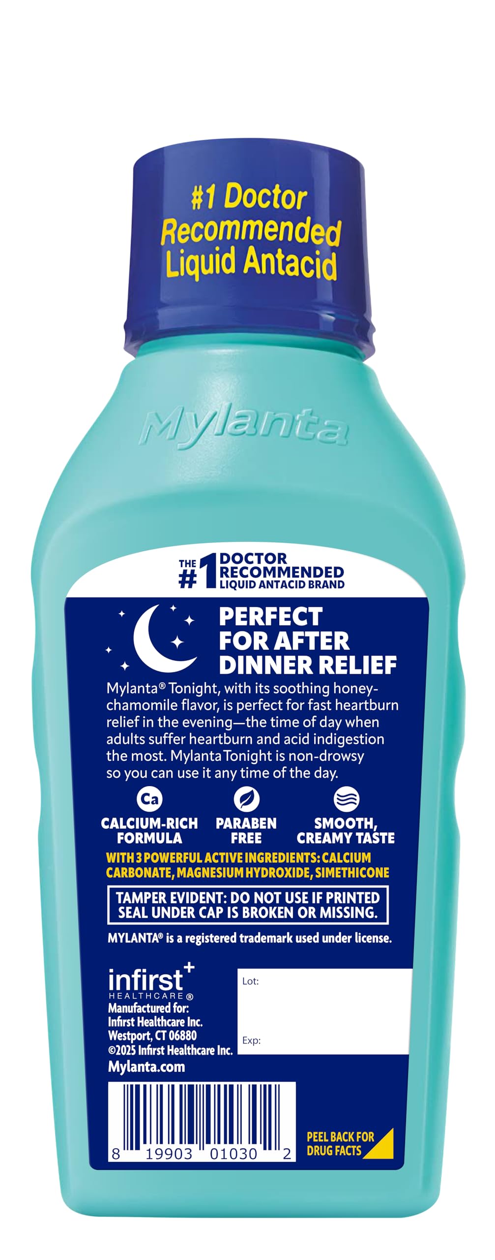 Close up of Mylanta Tonight liquid antacid label details