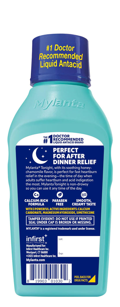 Close up of Mylanta Tonight liquid antacid label details