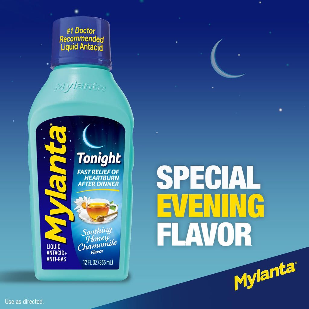 Mylanta Tonight soothing liquid antacid and anti-gas bottle