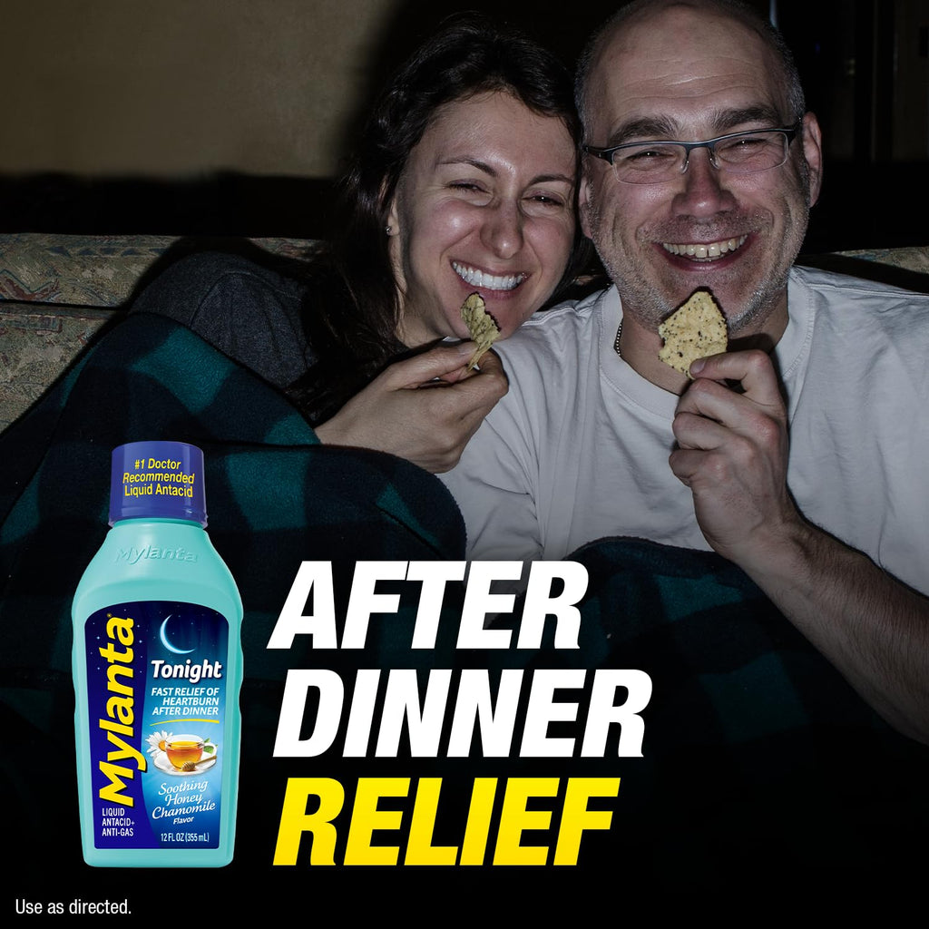 Side view of Mylanta Tonight Honey Chamomile 12 fluid ounces