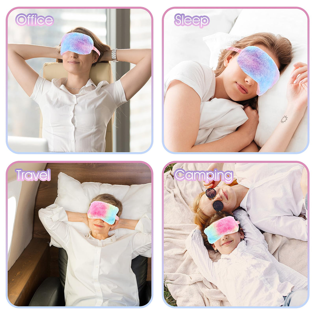 User wearing soft plush eye mask for relaxation
