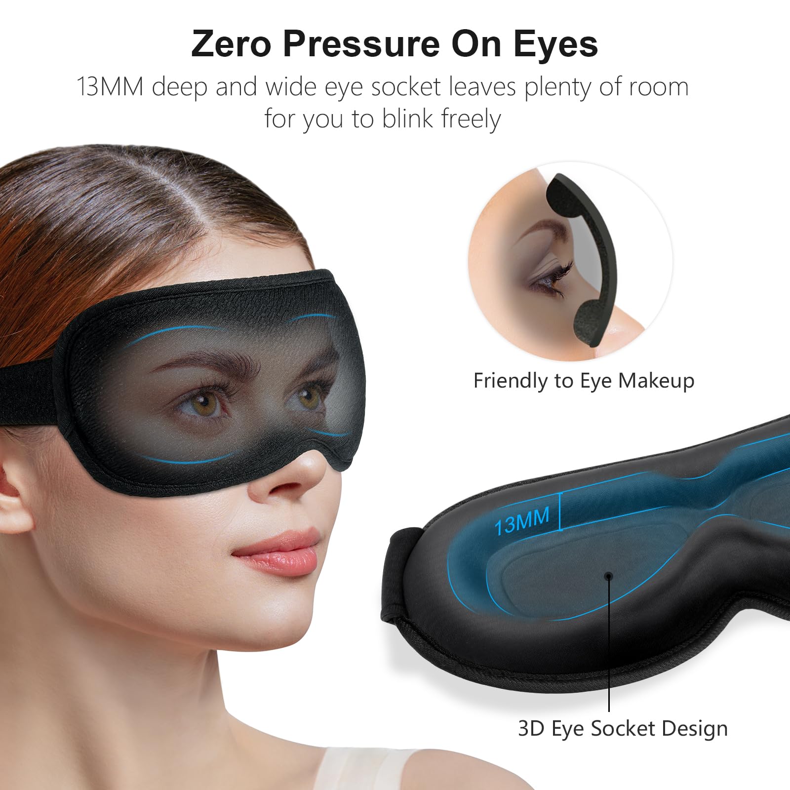 Blackout sleep mask showing zero pressure eye cups