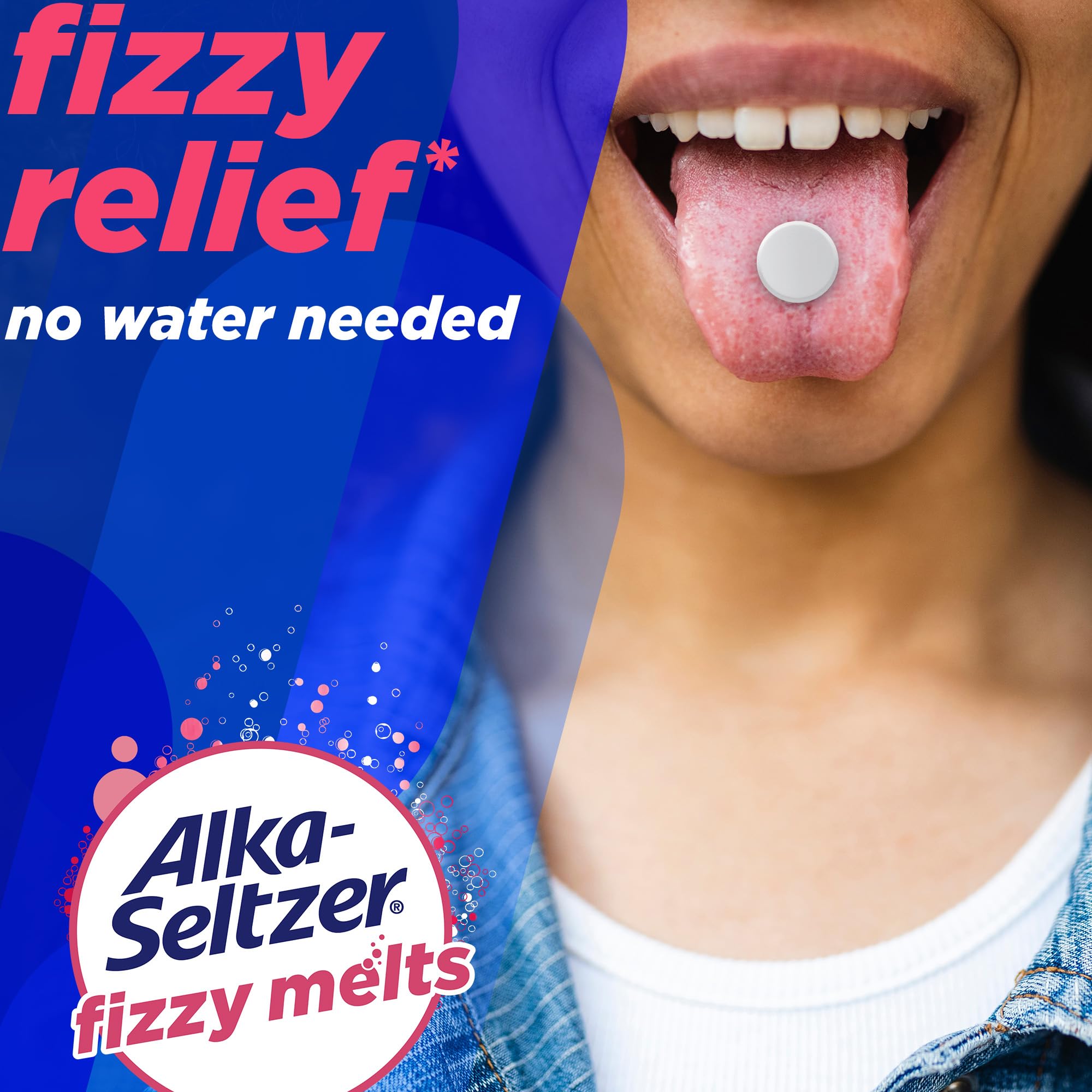 Alka-Seltzer Fizzy Melts tablet dissolving on tongue