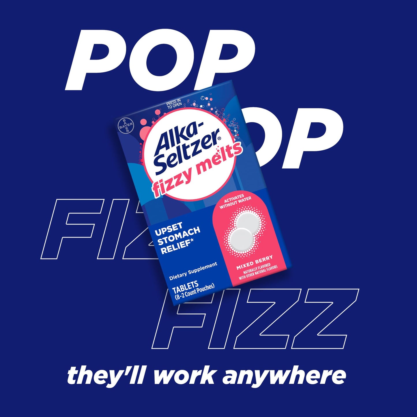 Alka-Seltzer Fizzy Melts travel-friendly antacid packaging