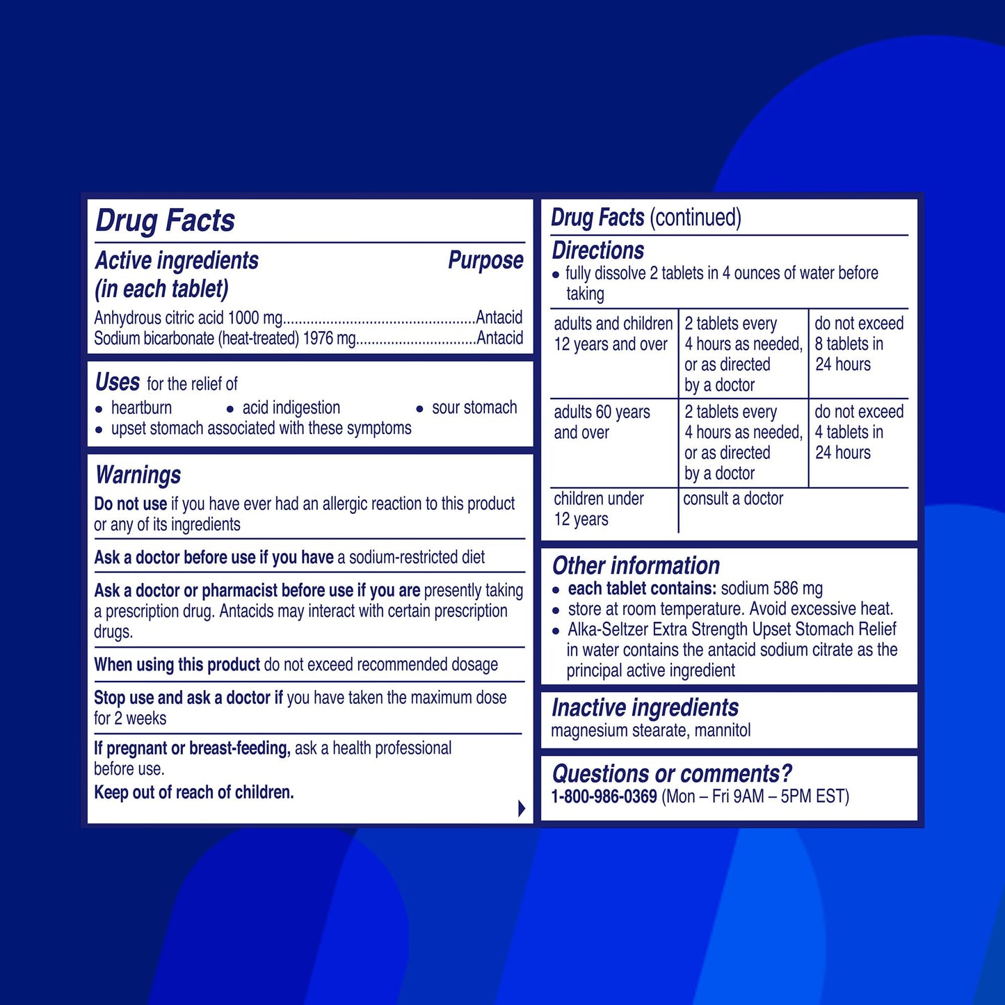 Alka-Seltzer packaging highlighting fast indigestion relief.