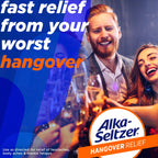 Alka-Seltzer Hangover Relief orange fizz tablet dissolving in water