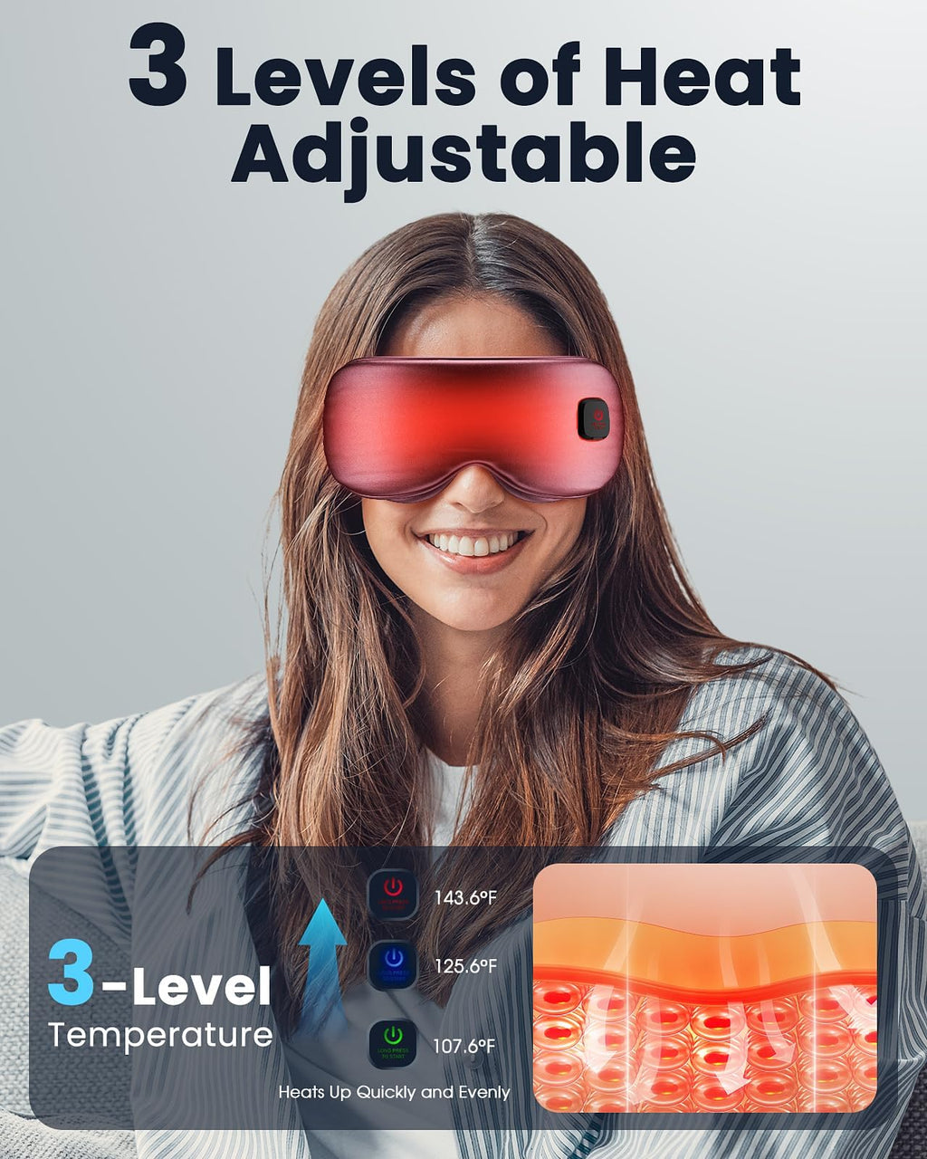 Azang cordless eye heating mask showing temperature control button
