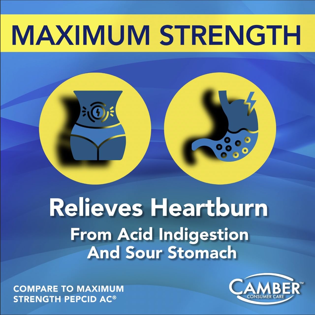 Camber Famotidine acid reducer bottle label details