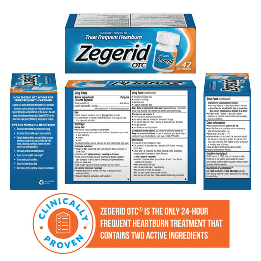 Close up of Zegerid OTC acid reflux medicine packaging