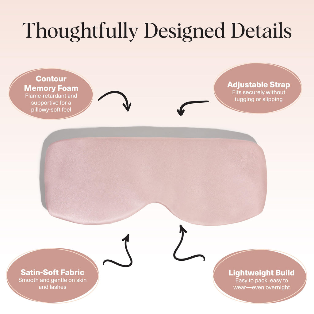 Model wearing Kitsch blush sleep mask for travel