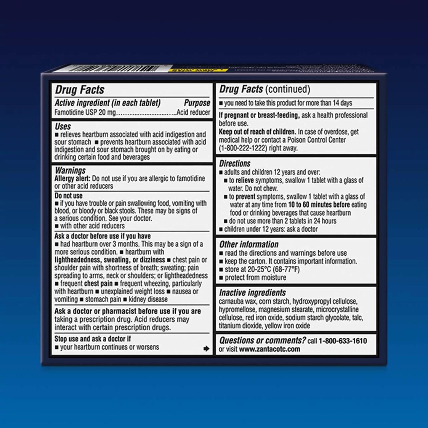 Zantac 360 20 mg tablets packaging for heartburn relief