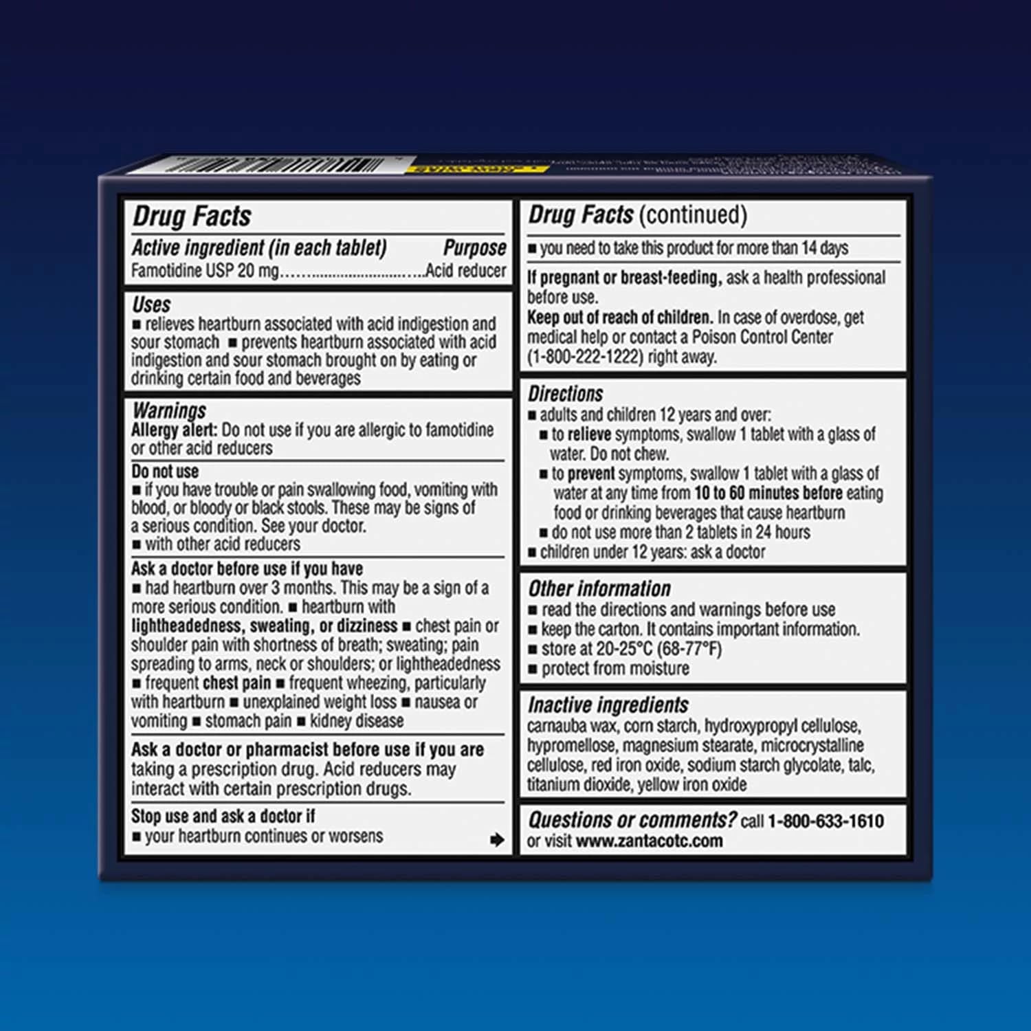 Zantac 360 20 mg tablets packaging for heartburn relief