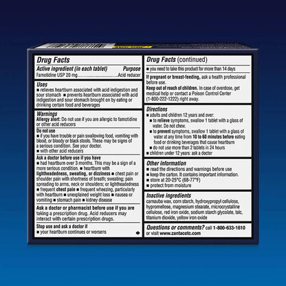 Zantac 360 20 mg tablets packaging for heartburn relief