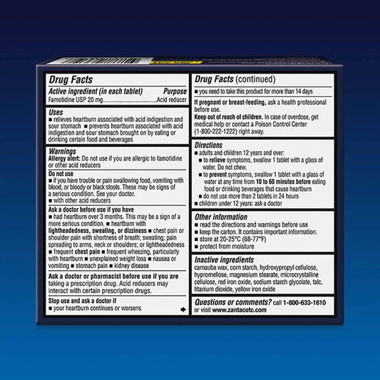 Zantac 360 20 mg tablets packaging for heartburn relief