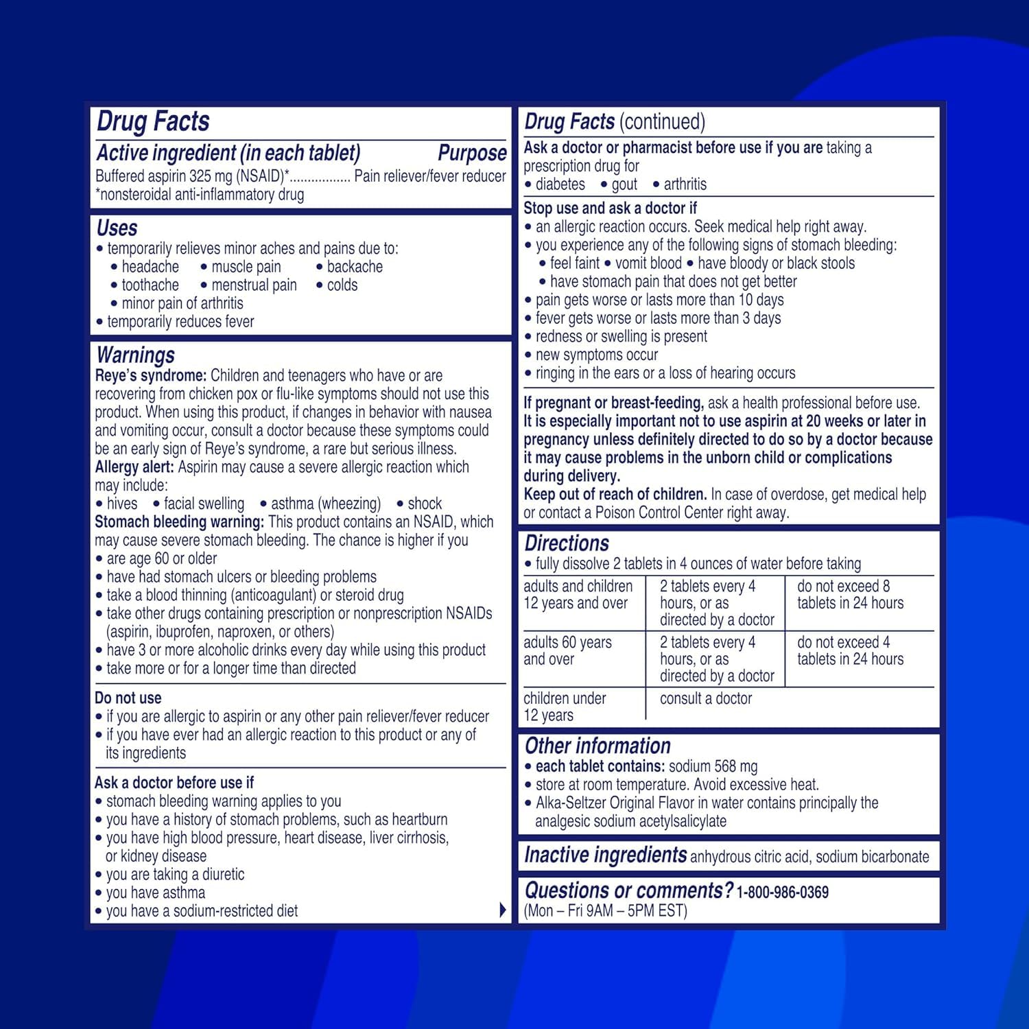 Back of Alka-Seltzer packaging showing usage instructions