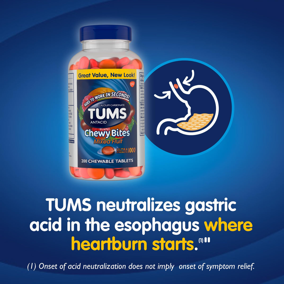 Tums Chewy Bites Mixed Fruit tablets displayed outside of the bottle