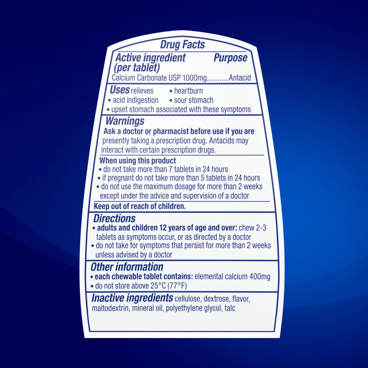 Back view of Tums 1000 mg antacid supplement bottle