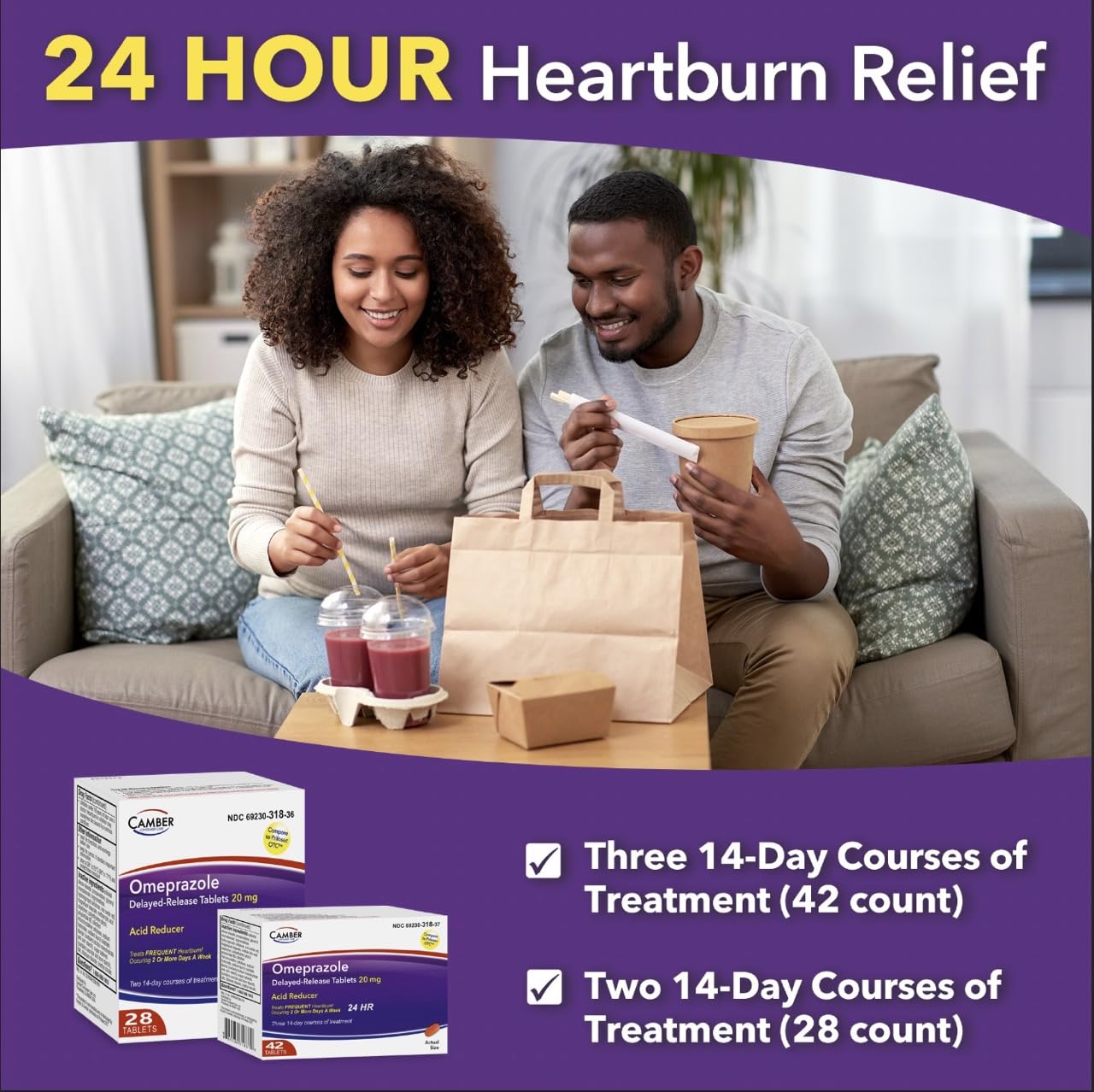 Camber Omeprazole 42 count bottle showing dosage details