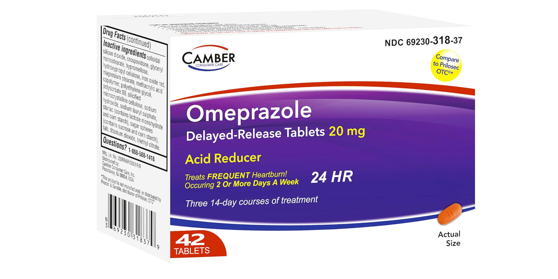 Top view of Camber Omeprazole 20mg medication box