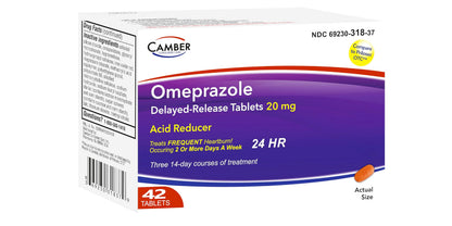 Top view of Camber Omeprazole 20mg medication box
