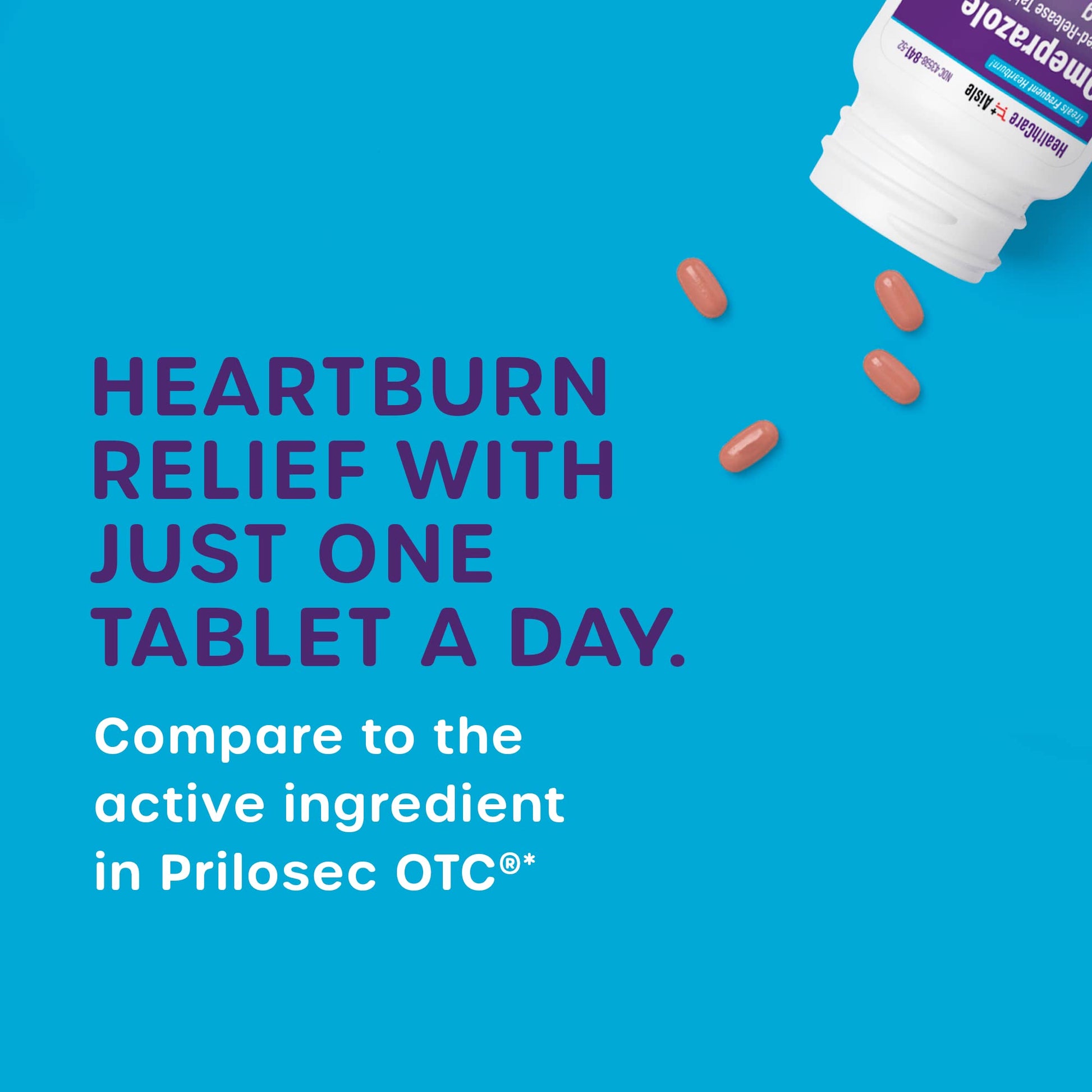 Side view of HealthCareAisle Omeprazole bottle showing dosage details