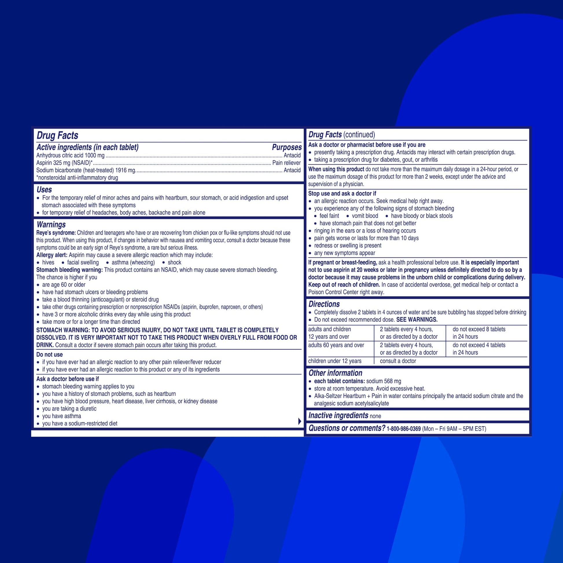 Alka-Seltzer nutritional information label