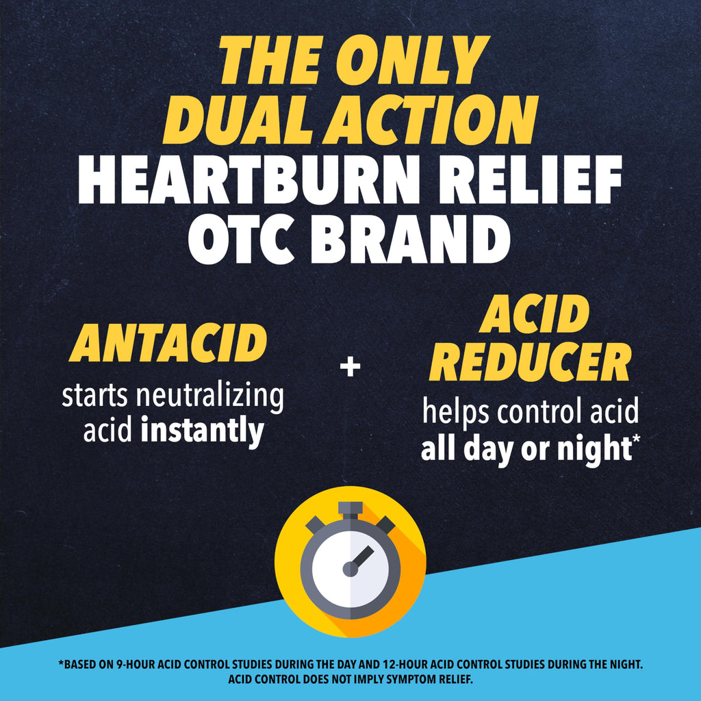 Side view of Pepcid Complete antacid bottle showing dosage information