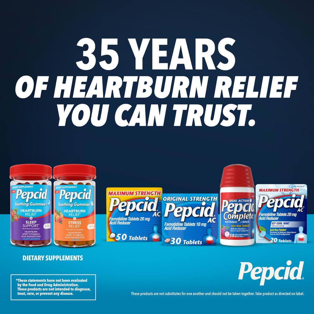 Close up of Pepcid Complete chewable tablets for acid indigestion