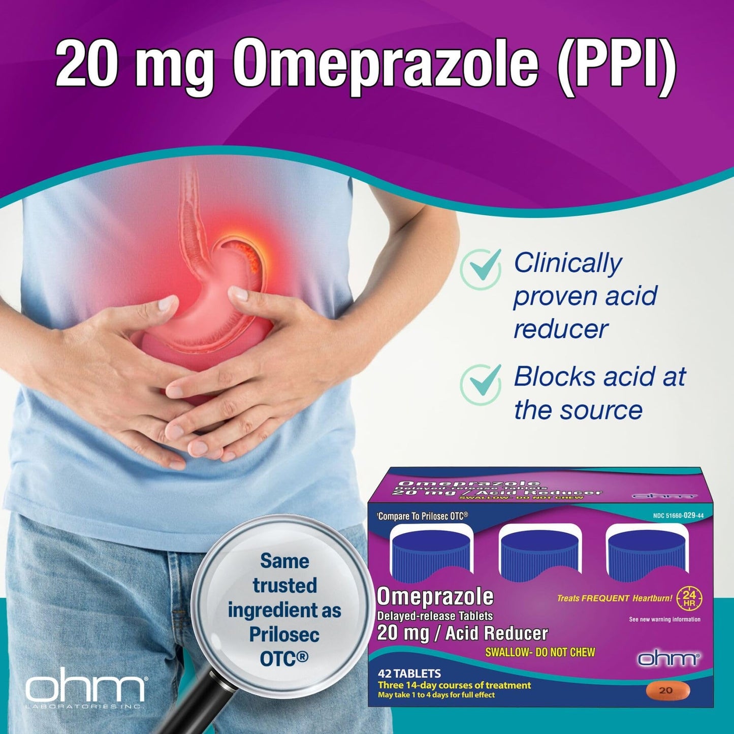 Ohm Omeprazole 42 count bottle and box side view