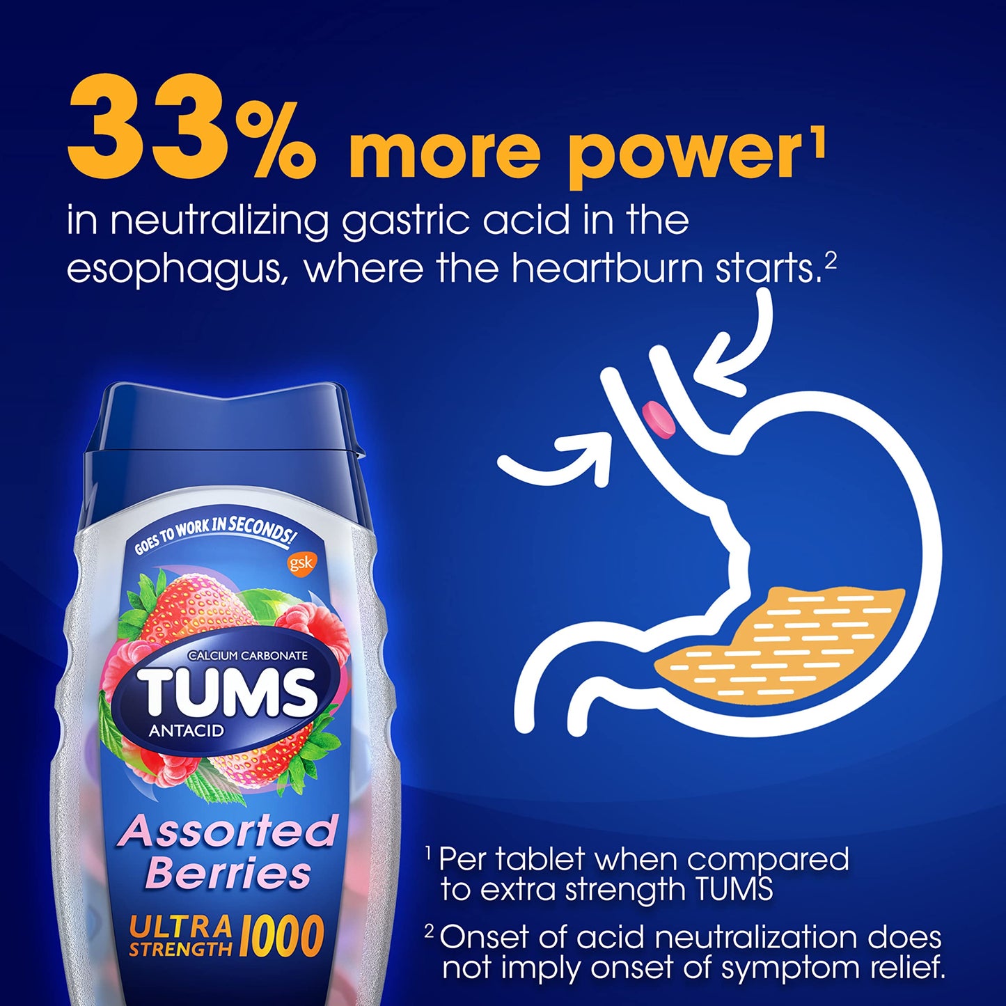 Side view of Tums Ultra Strength antacid bottle showing dosage information