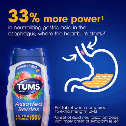 Side view of Tums Ultra Strength antacid bottle showing dosage information