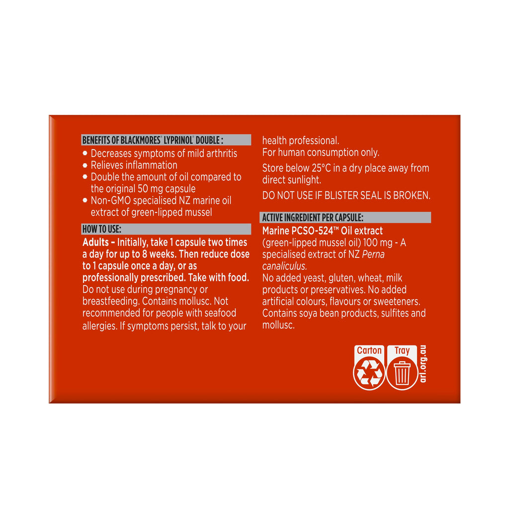 Back label details of Blackmores Lyprinol anti inflammatory supplement with usage directions