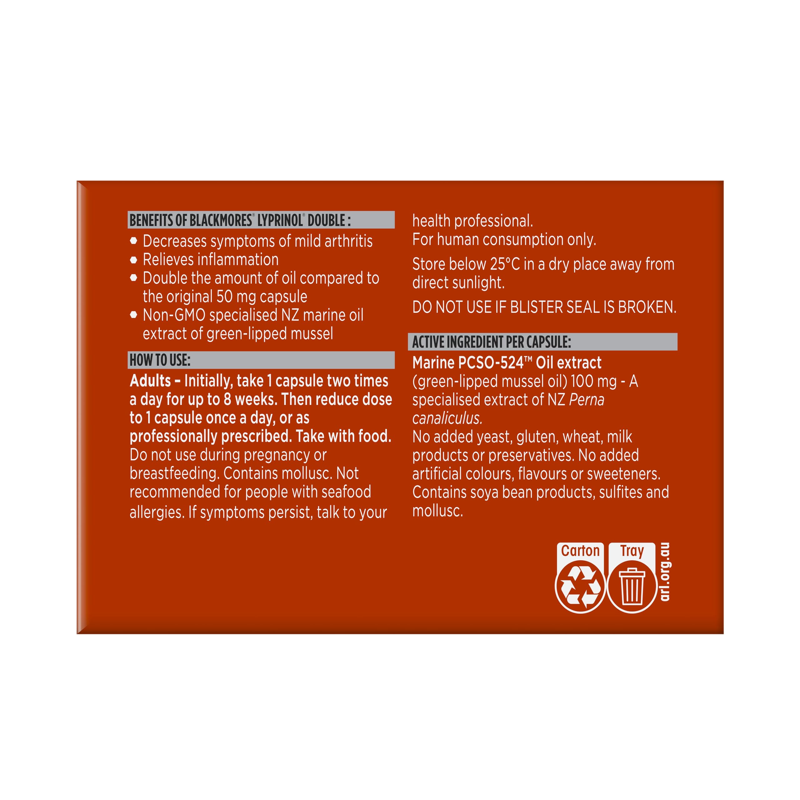 Back label details of Blackmores Lyprinol anti inflammatory supplement with usage directions