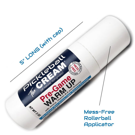 Non greasy rollerball applicator detail on the authentic USA imported pickleball muscle cream.