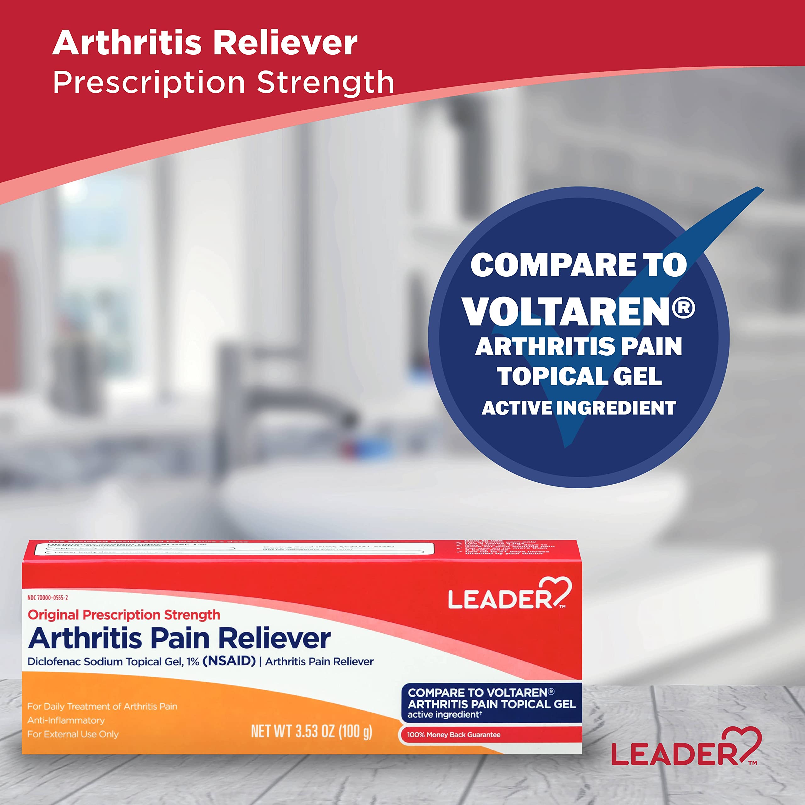 Side view of Leader diclofenac sodium one percent topical gel clear tube markings