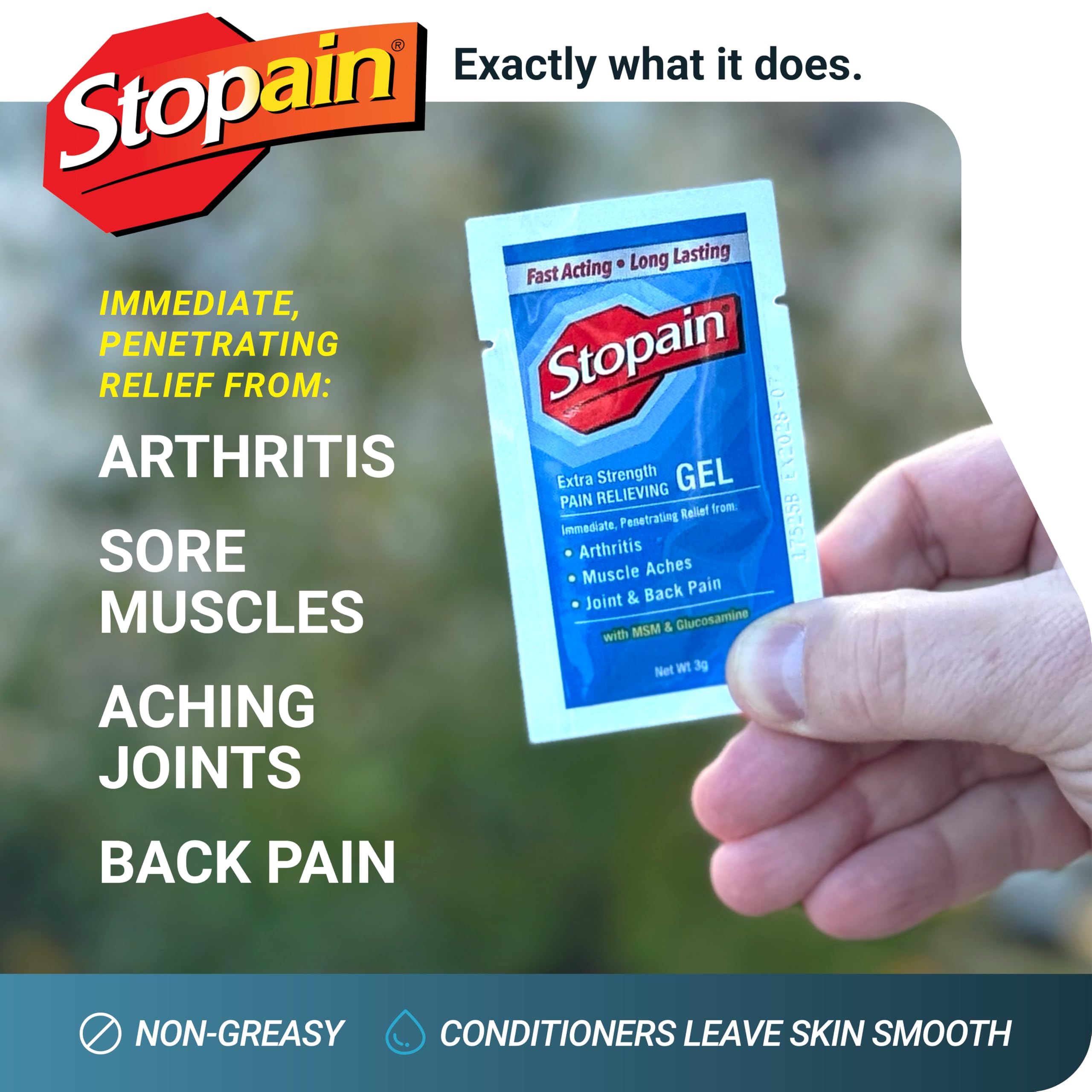 Stopain 3 gram single use topical pain gel packets neatly arranged for first aid kit stocking.