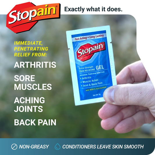 Stopain 3 gram single use topical pain gel packets neatly arranged for first aid kit stocking.