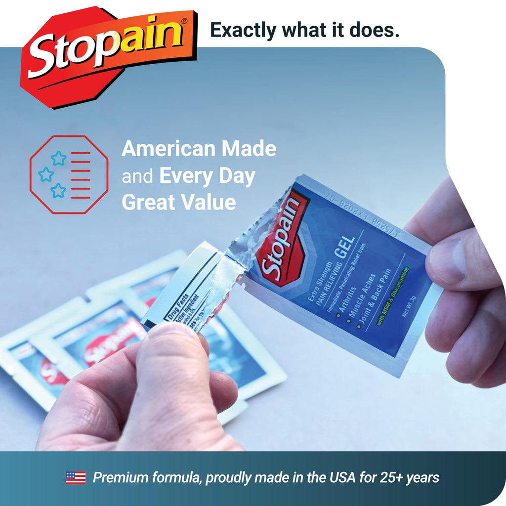 Stopain medical supply box showing 100 counts of individual target joint relief applications.