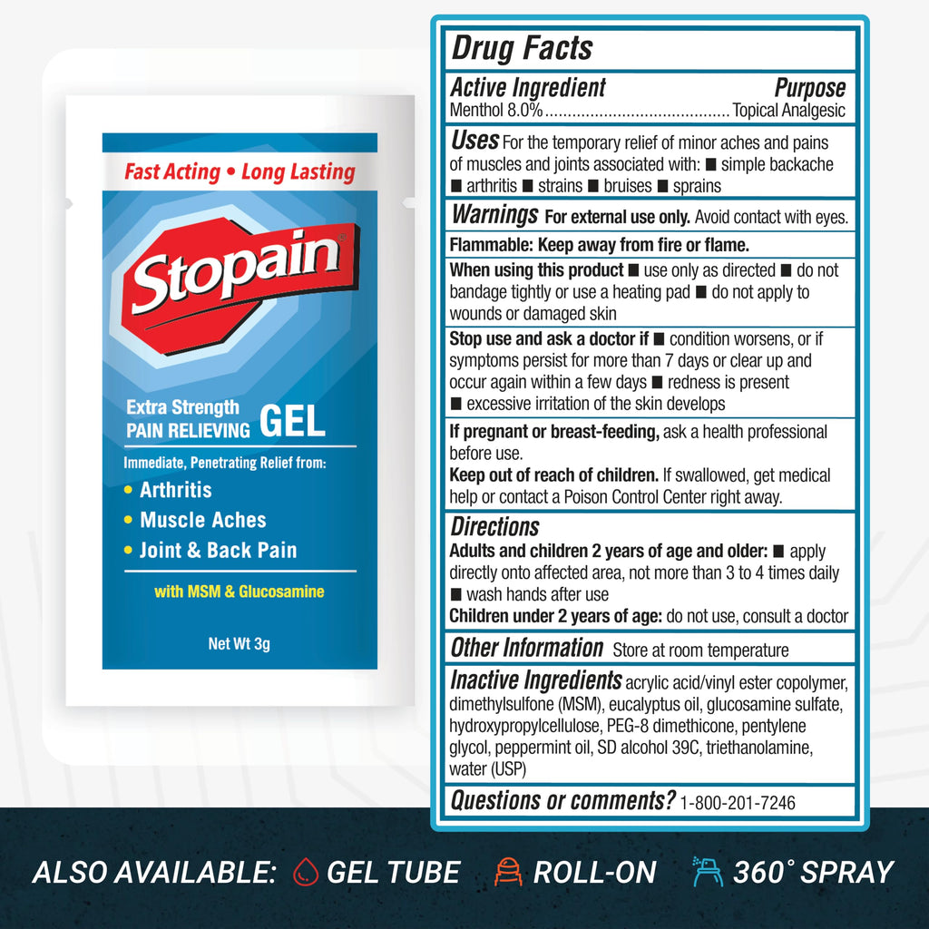 Authentic USA imported Stopain topical analgesic gel packets for knee and back pain management.