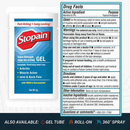 Authentic USA imported Stopain topical analgesic gel packets for knee and back pain management.