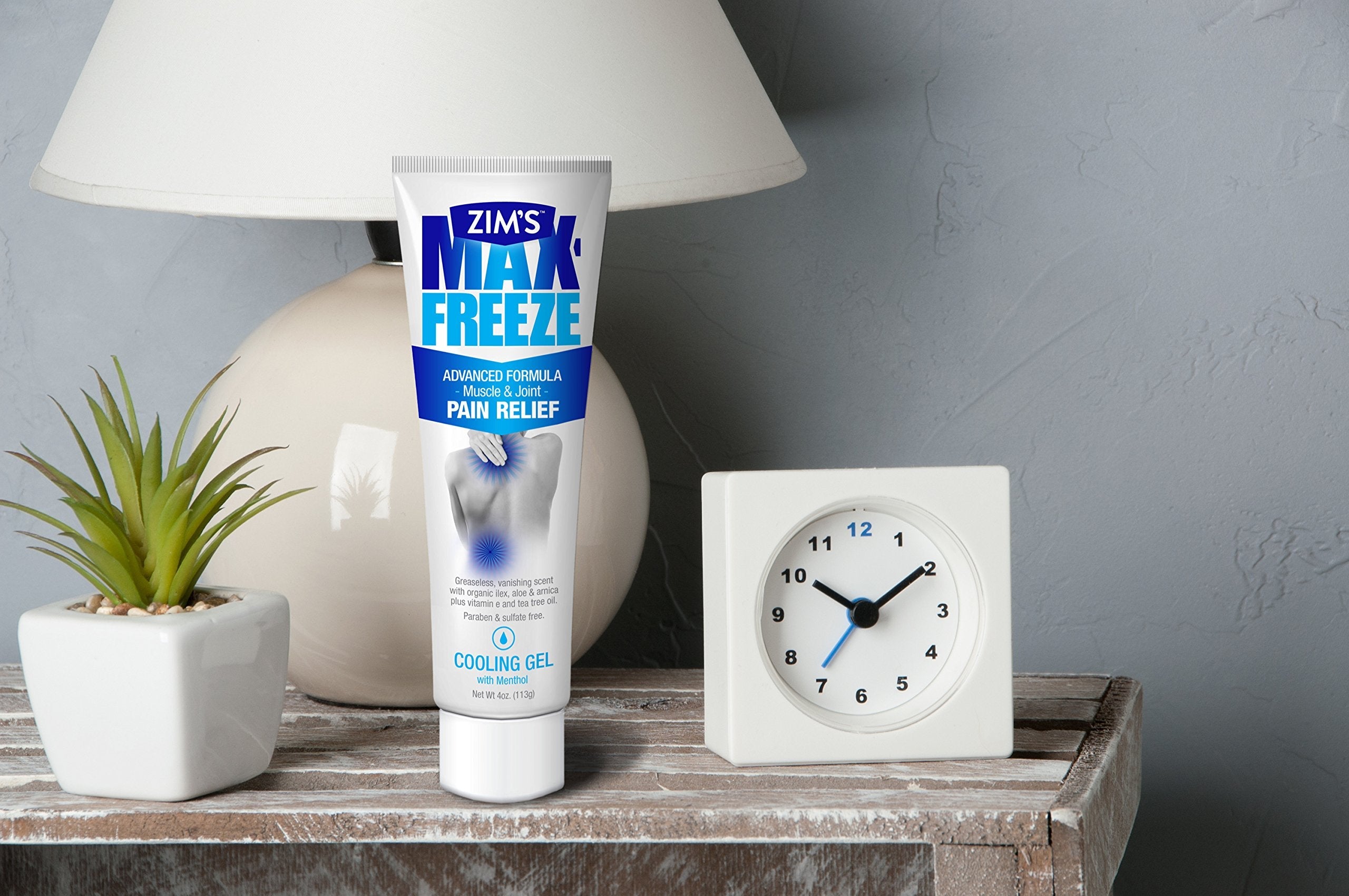 Zim's Max-Freeze topical analgesic gel tube displaying the seven percent menthol active ingredient information.