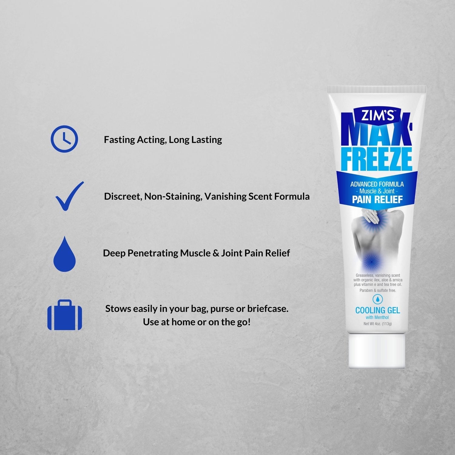 Back label of Zim's Max-Freeze cooling gel showing official directions for muscle and joint pain application.