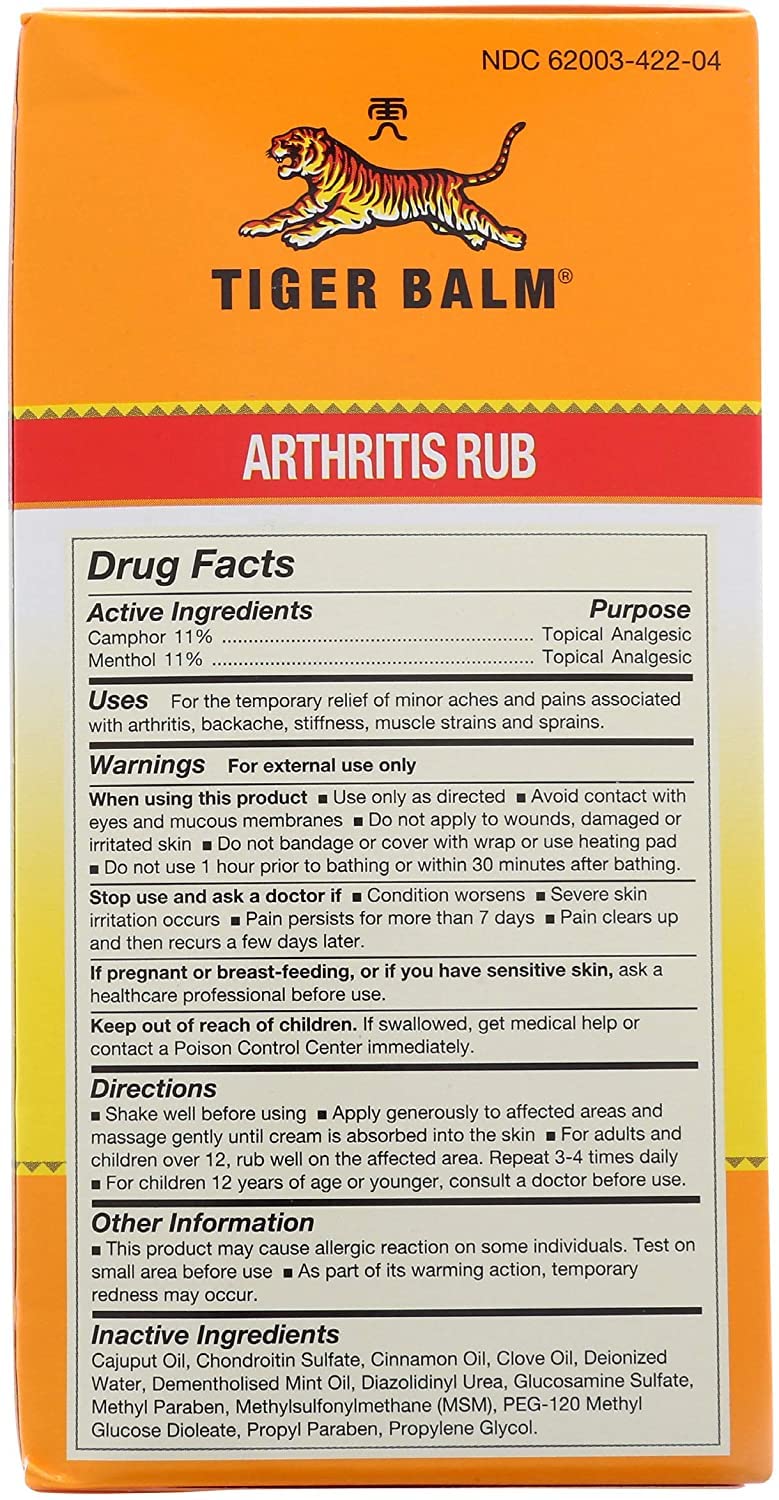 Tiger Balm Arthritis Rub side label showing active ingredients camphor and menthol