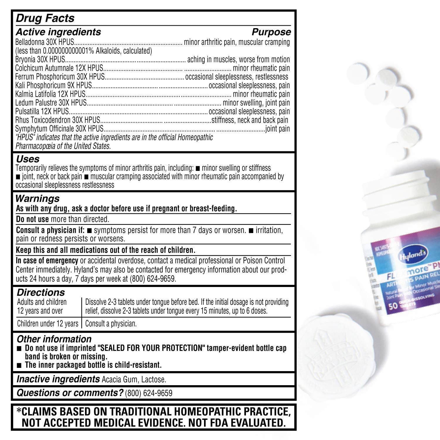 Fifty count bottle of Hyland's FLEXmore PM nighttime formula for back and neck pain relief