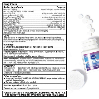 Fifty count bottle of Hyland's FLEXmore PM nighttime formula for back and neck pain relief